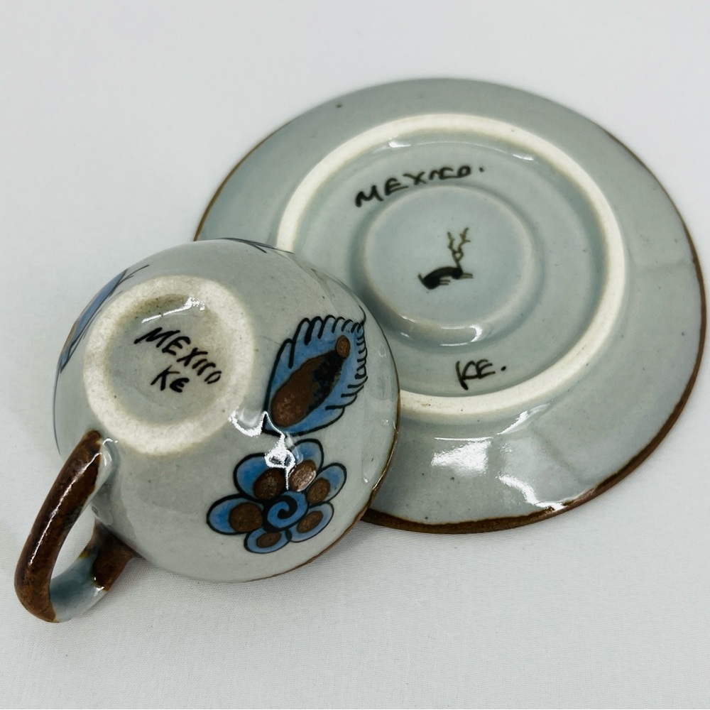 Vintage Ken Edwards Tonala Pottery Cup & Saucer Set El Palomar Blue Bird Signed - Picture 7 of 14